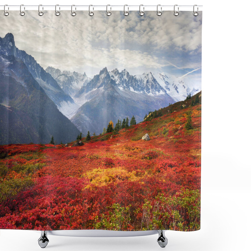 Personality  Mont Blanc Chamonix Autumn - Picturesque Meadows Of Highland Berry Bushes Are Fantastically Beautiful After The First Frosts Against The Background Of The Steep Peaks Of The Alps. Shower Curtains