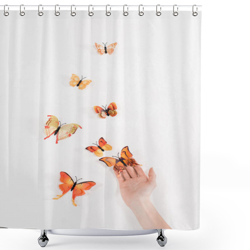 Personality  Cropped View Of Woman Releasing Butterflies On White Background, Environmental Saving Concept  Shower Curtains