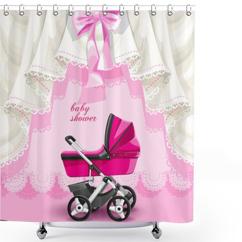 Personality  Pink Baby Shower Card With Baby Carriage Shower Curtains