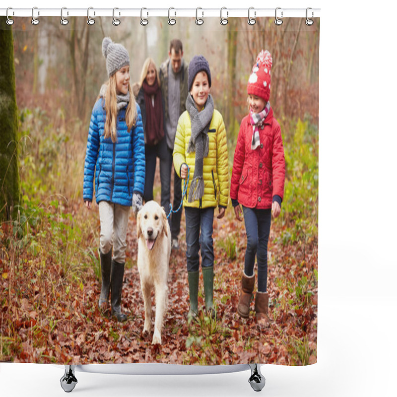 Personality  Family Walking Dog Through  Forest Shower Curtains