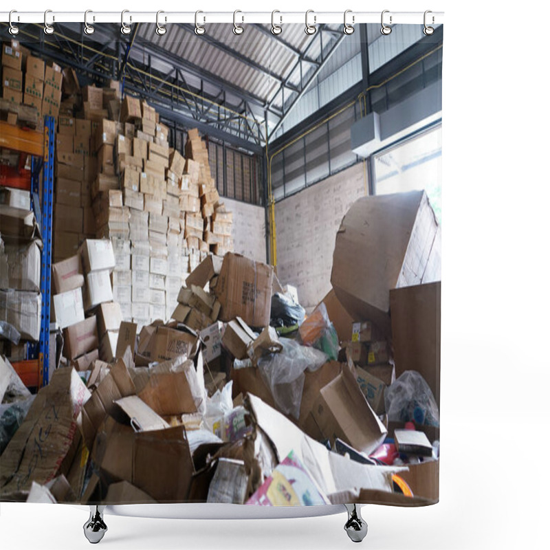 Personality  Blurry Image Of Poorly Organized Warehouse With A Lot Of Messy Stocks And Boxes Shower Curtains