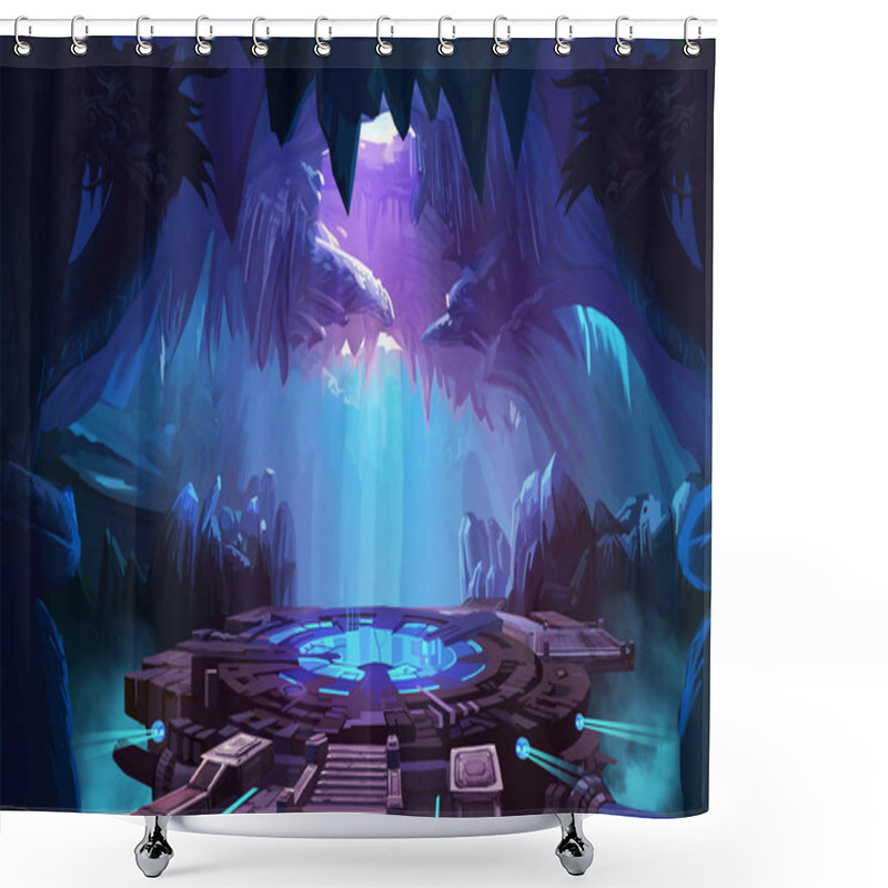 Personality  Mystery Cave With Sci-Fi Building. Video Games Digital CG Artwork, Concept Illustration, Realistic Cartoon Style Background Shower Curtains