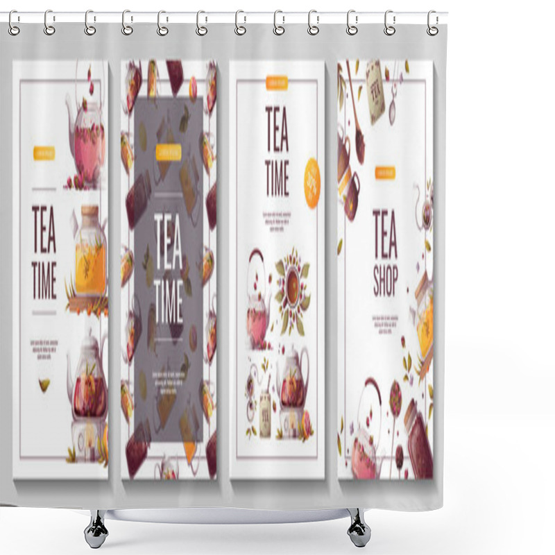 Personality  Set Of Design Templates. Tea Time Banners, Hand-drawn Tea Time Set For The Website, Poster. Shower Curtains