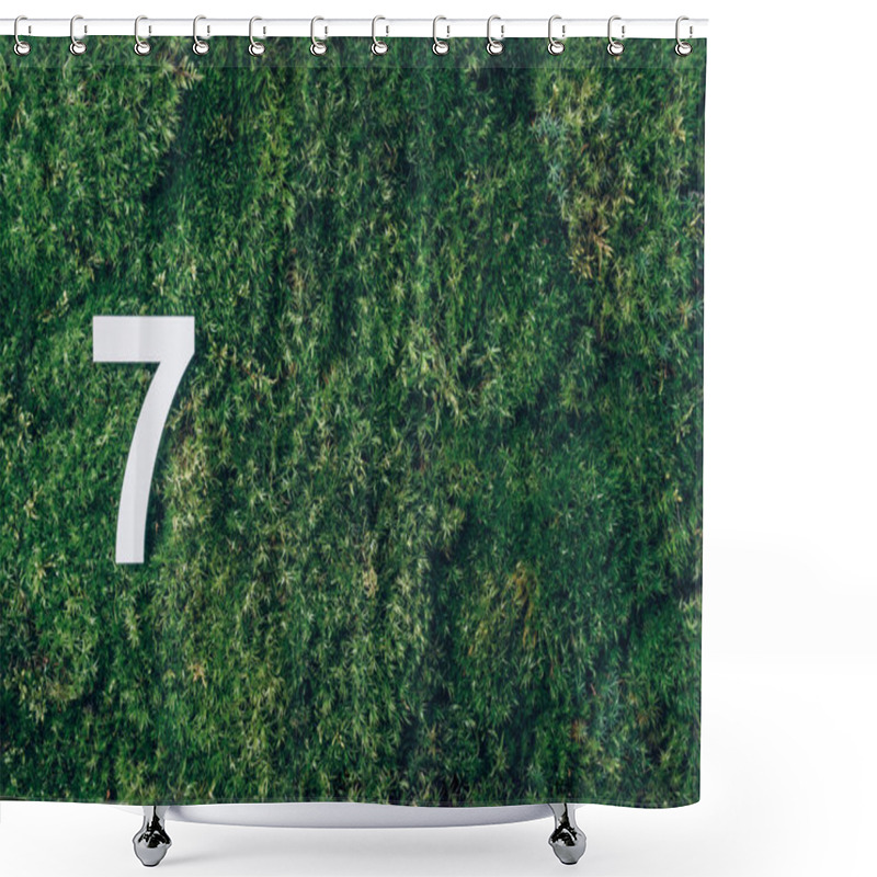 Personality  Ecology, Zero Waste. Green Grass And Digit Seven 7. Birthday Greeting Card. Anniversary Concept. Top View. Copy Space. White Numeral Over Eco Moss Background. Numerical Digit Shower Curtains