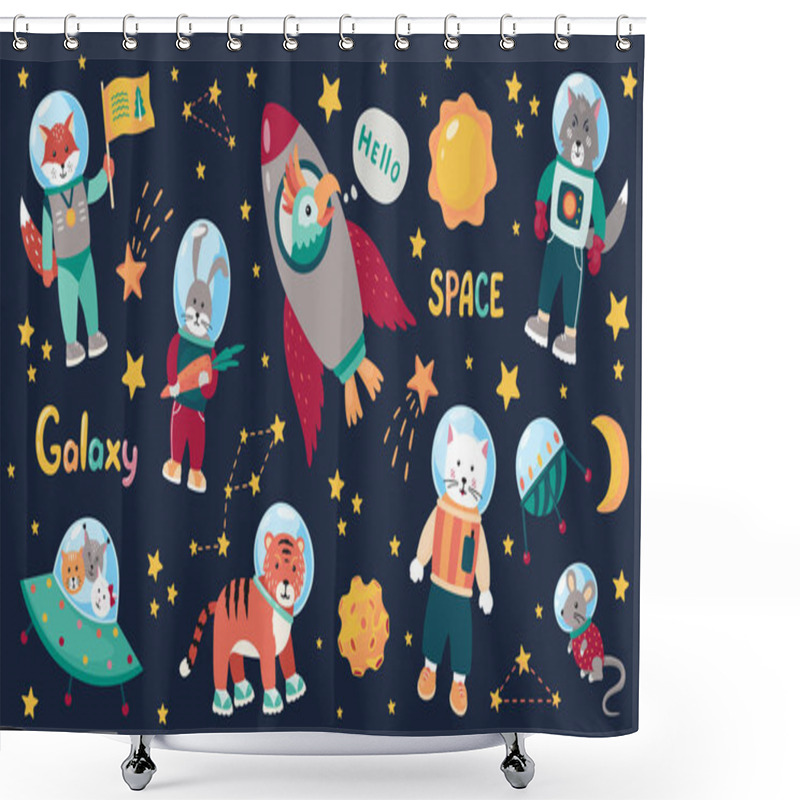 Personality  Space Animal Kids. Cartoon Baby Astronauts With Stars And Planets And Spaceships. Vector Doodle Animals In Space Costumes Set Shower Curtains