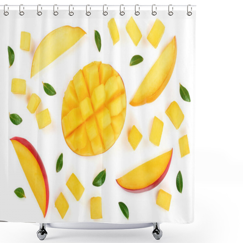 Personality  Half Of Mango Fruit Decorated With Leaves Isolated On White Background Close-up. Top View. Flat Lay Shower Curtains