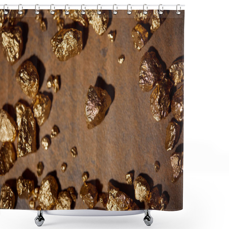 Personality  Top View Of Golden Stones On Brown And Grey Marble Background Shower Curtains