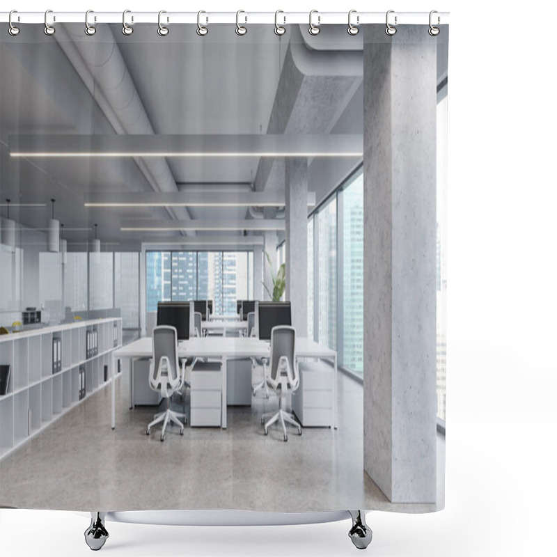 Personality  Modern Coworking Interior With Pc Computers On Desk In Row, Shelf With Documents. Stylish Workspace With Columns And Panoramic Window On Singapore Skyscrapers. 3D Rendering Shower Curtains