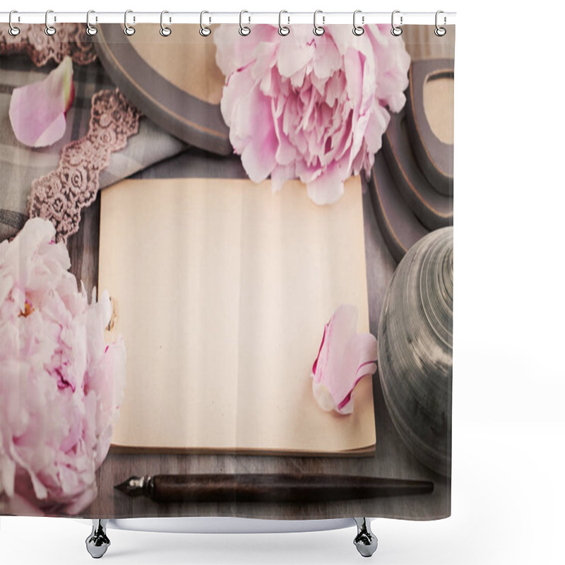 Personality  Nostalgic Background With Paper, Spring Flowers And Pen On Woode Shower Curtains