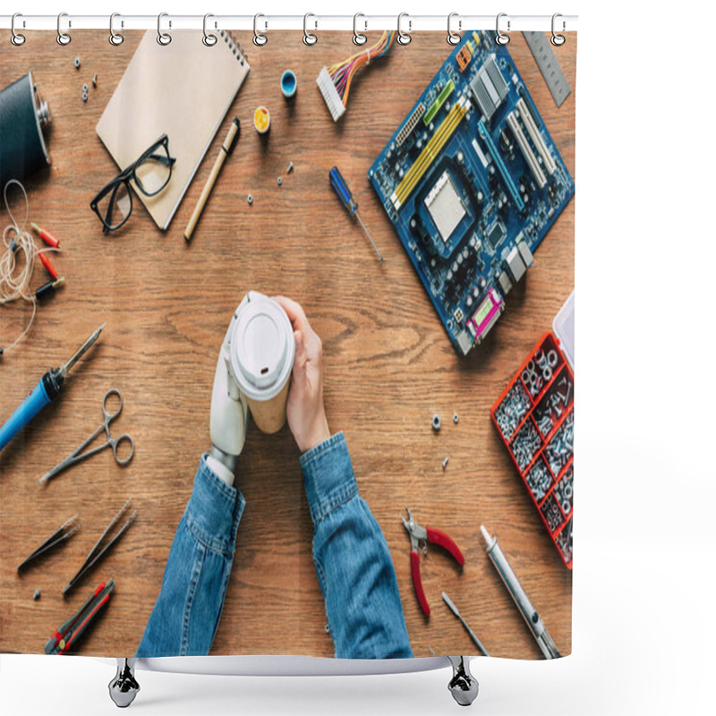 Personality  Cropped Image Of Electronic Engineer With Prosthetic Arm Holding Paper Cup On Table With Tools Shower Curtains