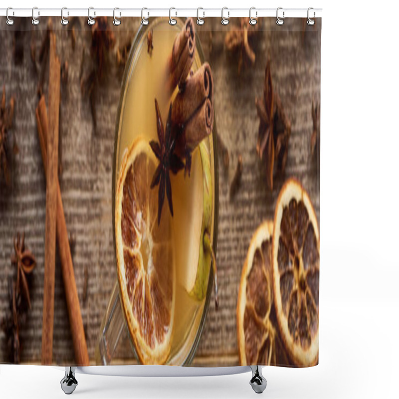 Personality  Top View Of Traditional Pear Mulled Wine In Glass With Spices On Wooden Rustic Table, Panoramic Shot Shower Curtains