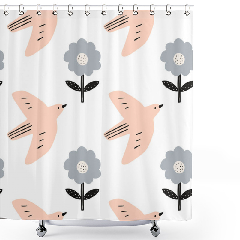 Personality  Spring Seamless Pattern. Birds Folk Nordic Floral Ornament. Paper Cut Animals In Flat Modern Scandinavian Style. Hand Drawn Colored Set. Hygge And Lagom Design Concept. Vector EPS Clip Art Shower Curtains