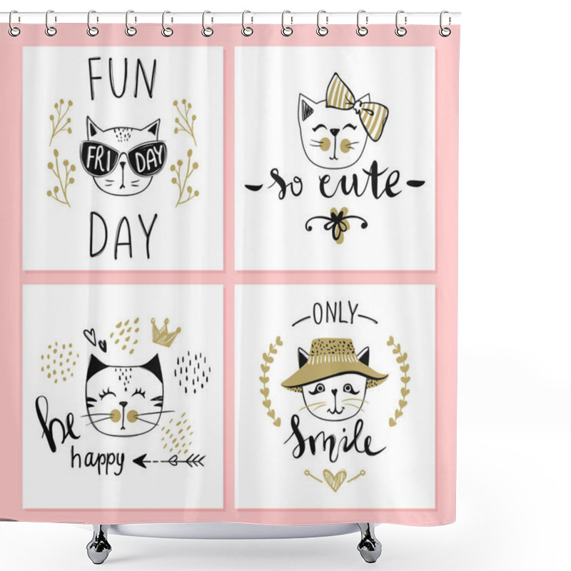 Personality  Vector Card Series With Cute Fashion Cats. Stylish Kitten Set. T Shower Curtains