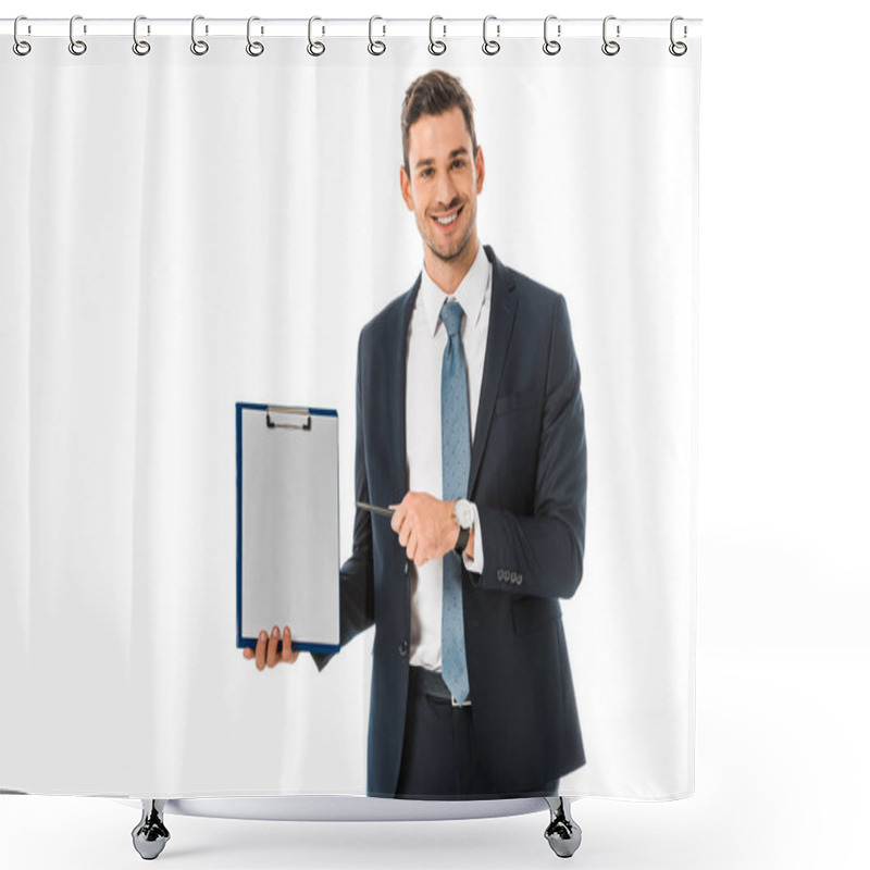 Personality  Smiling Businessman In Suit Pointing At Empty Clipboard Isolated On White  Shower Curtains