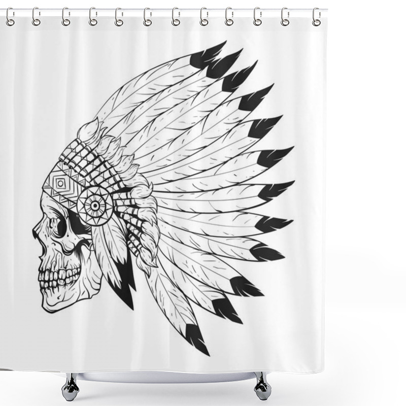 Personality  Vector Monochrome Illustration Of Stylized Skull Wearing Native  American War Bonnet Shower Curtains