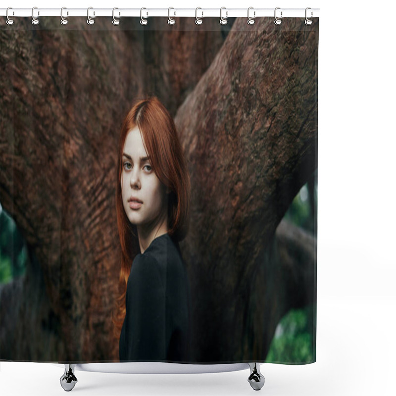 Personality  Woman In Black Dress Nature Walk Garden Trees Fresh Air Shower Curtains