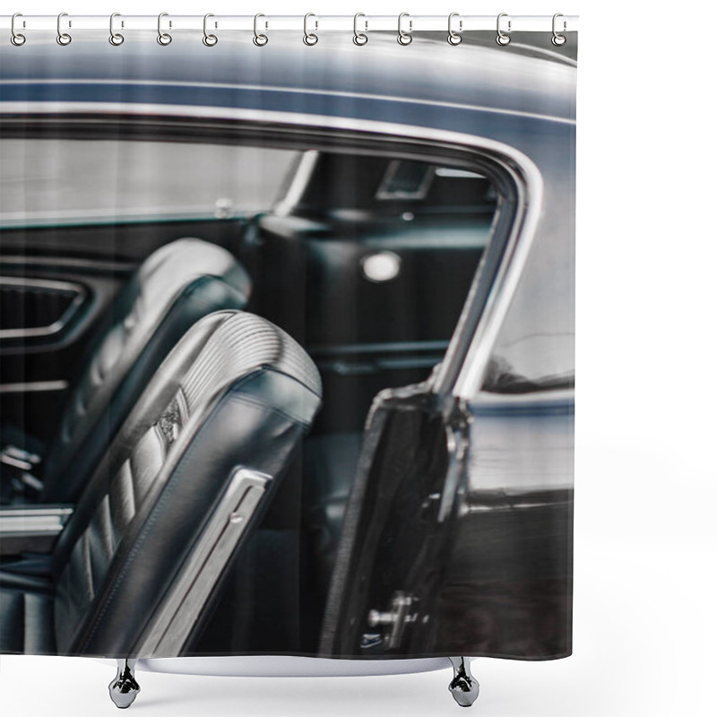 Personality  Detail Shot Of A Retro Automobile Interior Showcasing Black Leather Seats And Chrome Accents, Highlighting Vintage Style And Craftsmanship. Shower Curtains