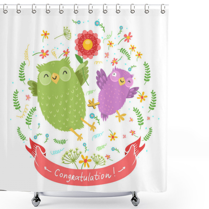 Personality  Cartoon  Owls With Bright Flowers Shower Curtains