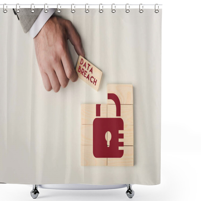 Personality  Partial View Of Man Holding Brick With 'data Breach' Lettering Over Wooden Blocks With Lock Icon Isolated On White Shower Curtains