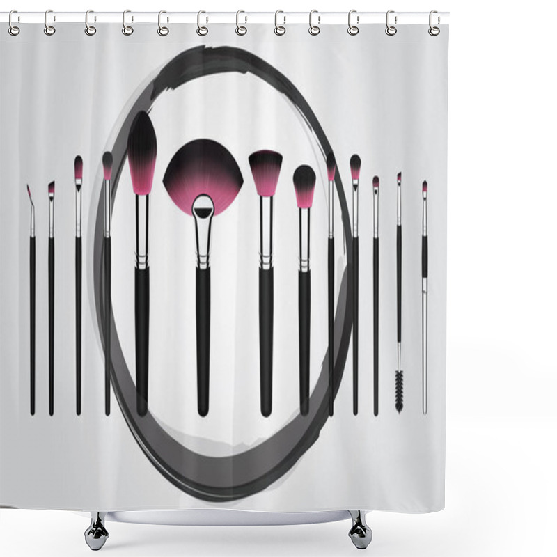 Personality  Vector Illustration Concept Of A Set Of Makeup Cosmetic Brushes With Grudge Brush Stroke Circle On Background. Black Mascara Circle. Acrylic Black Ring And Make Up Brush Concept.  Shower Curtains