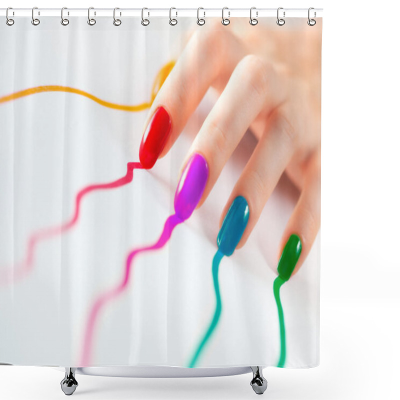 Personality  Young Woman Hand With Multicoloured Nail Shower Curtains