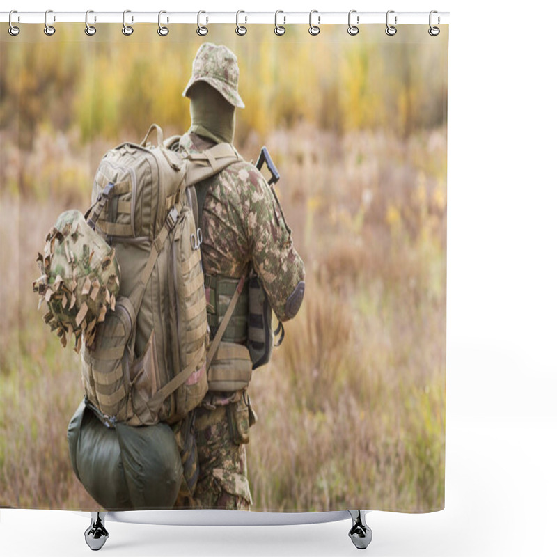 Personality  Ukrainian Soldier In Military Uniform And Full Equipment On The Battlefield In The War Shower Curtains