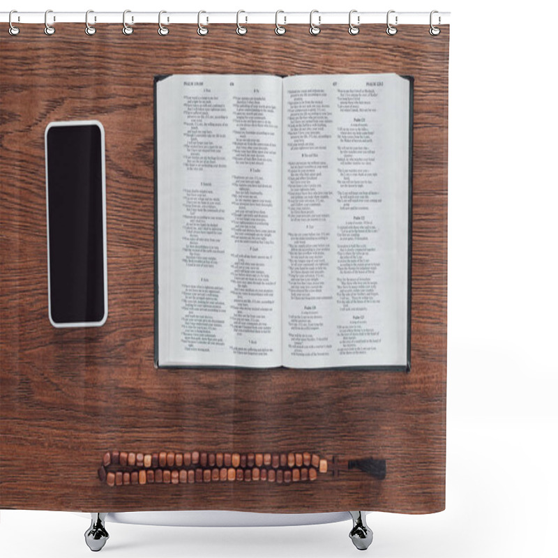 Personality  Top View Of Opened Holy Bible With Beads And Smartphone On Wooden Table Shower Curtains