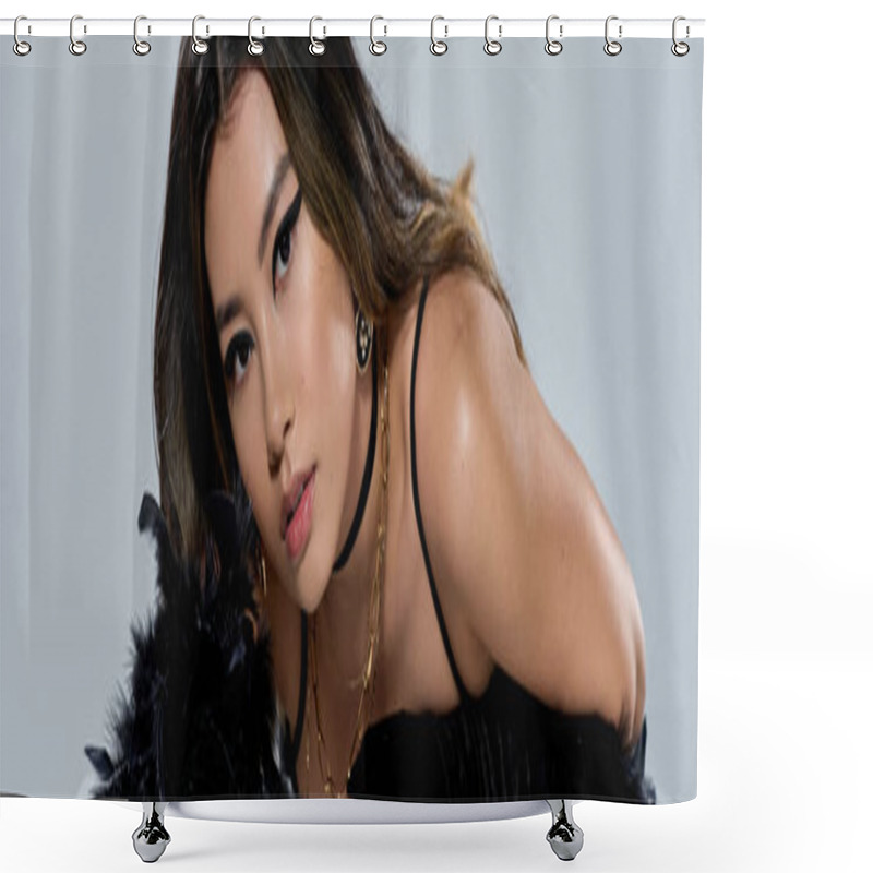 Personality  Woman With Dark, Long Hair And Black Top Looks At Camera. Shower Curtains