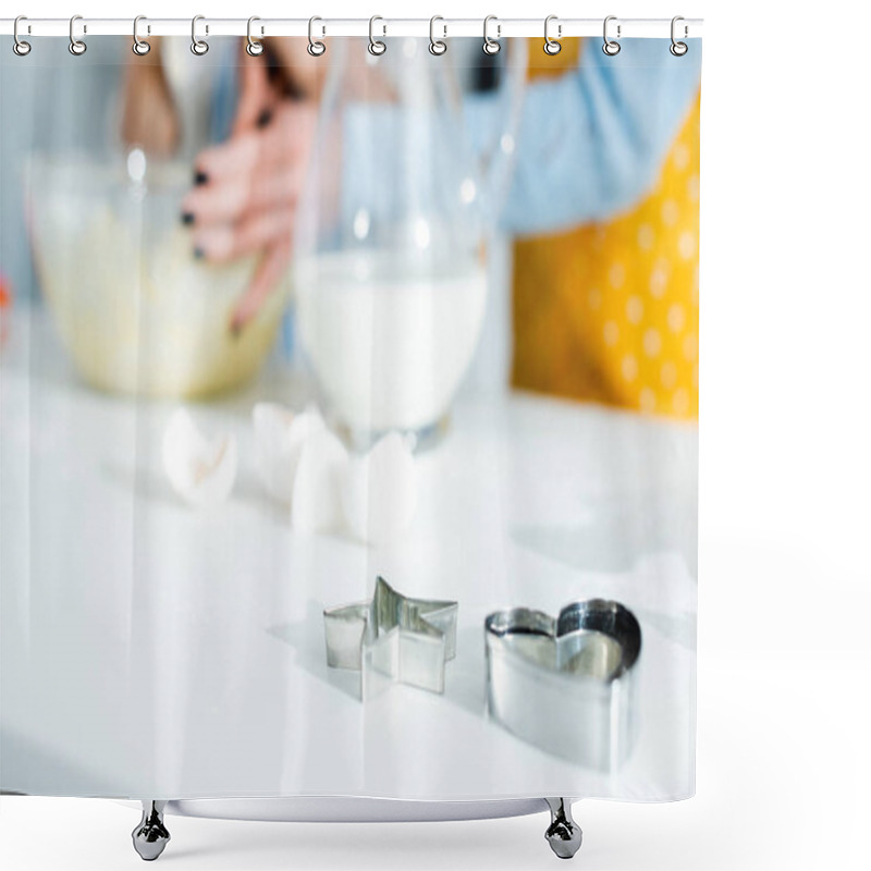 Personality  Selective Focus Of Dough Molds On Table In Kitchen  Shower Curtains