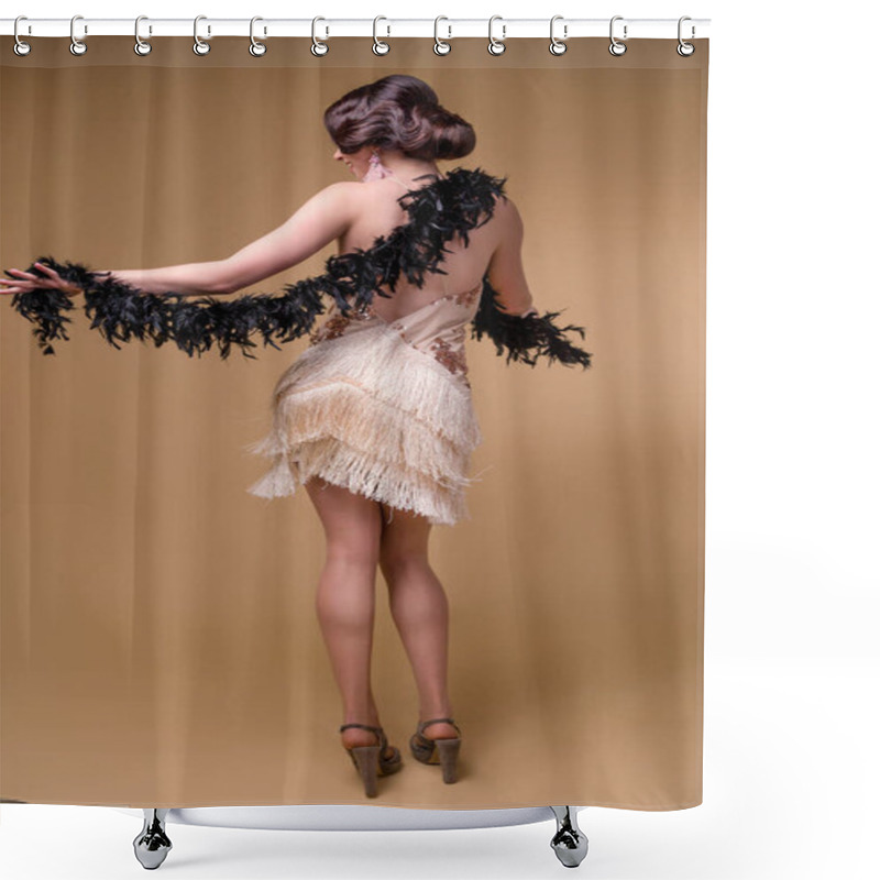 Personality  Beautiful Brunette Woman In Boa From Ostrich Feathers Is Dancing On Beige Background. Vertycal Photo Shower Curtains