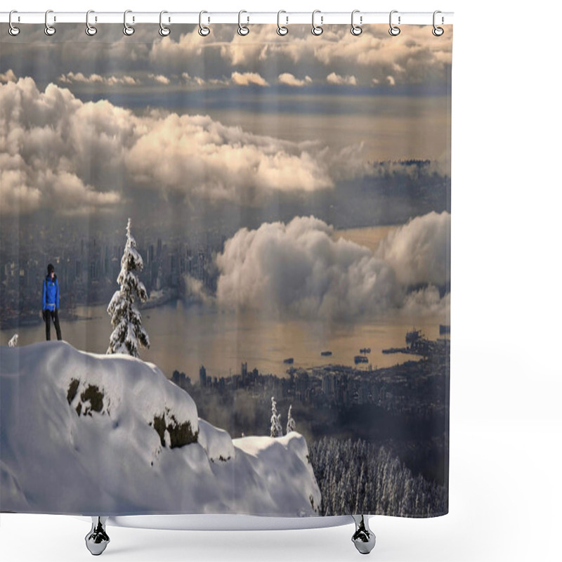 Personality  Woman Hiker Snowshoer Standing On A Rock Above The Clouds, Ocean And Buildings Of A Big City On A Snowy Winter Day. Shower Curtains