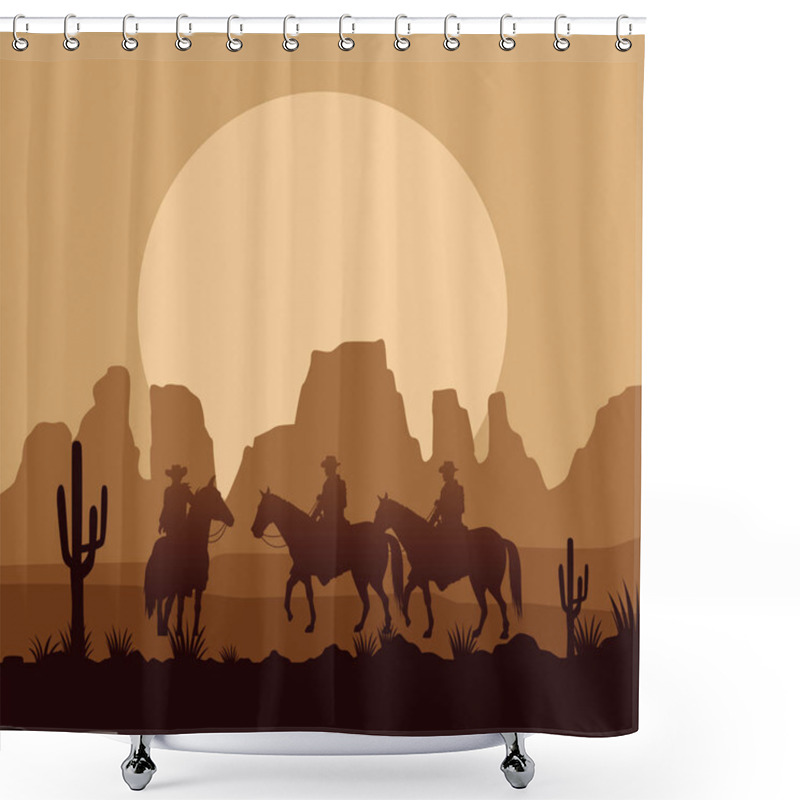 Personality  Wild West Desertic Sunset Scene With Cowboys And Horses Shower Curtains