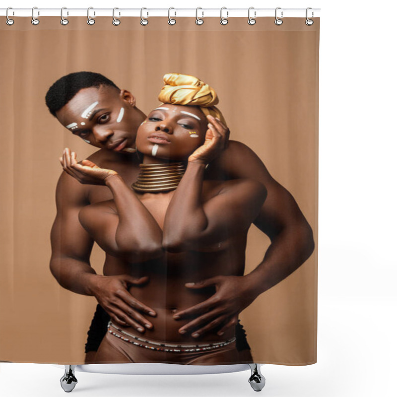 Personality  Sexy Naked Tribal Afro Couple Posing Isolated On Beige Shower Curtains