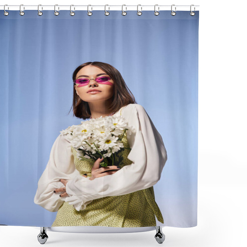 Personality  A Young Woman With Brunette Hair Wearing Sunglasses, Holding A Bouquet Of Daisies, Exuding A Serene And Vibrant Presence. Shower Curtains