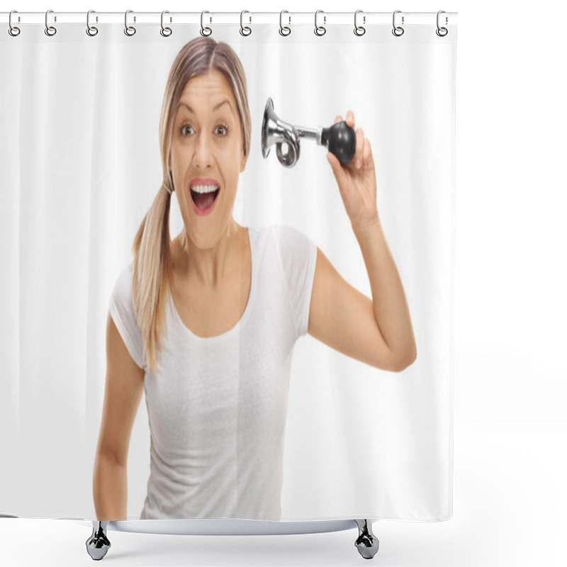 Personality  Cheerful Young Woman Honking A Horn Shower Curtains