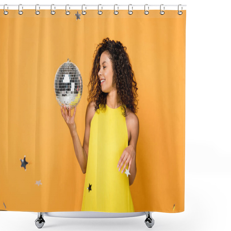 Personality  Happy Curly African American Woman Looking At Disco Ball Near Shiny Confetti Stars On Orange  Shower Curtains