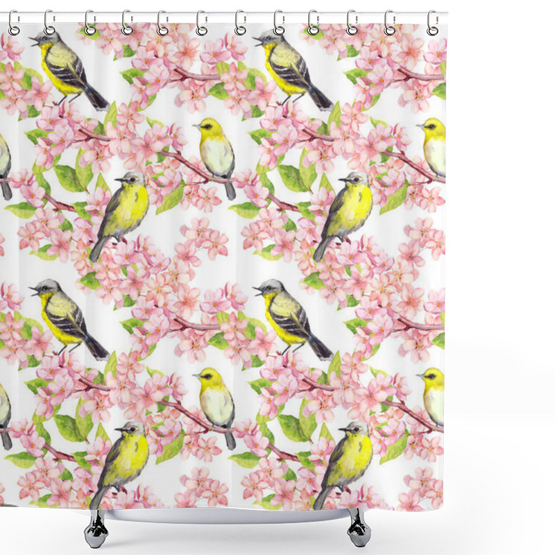 Personality  Cherry Blossom - Apple, Sakura Flowers, Cute Birds. Floral Seamless Background. Watercolor Shower Curtains