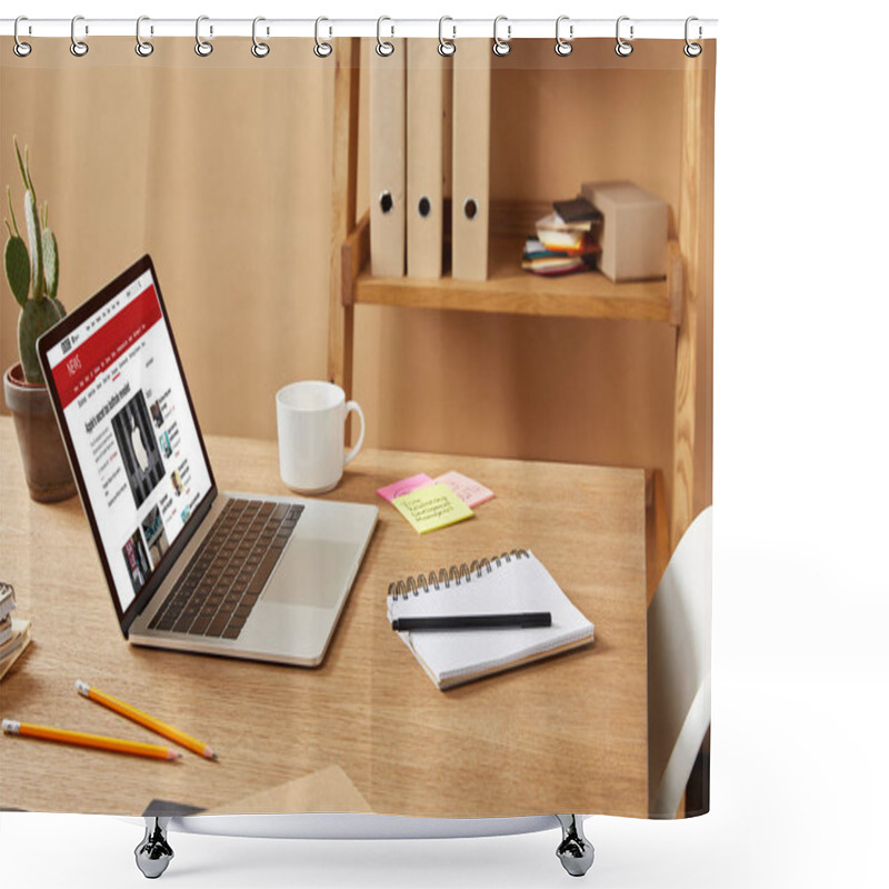 Personality  Laptop With Loaded Bbc News Page On Wooden Table At Home Shower Curtains