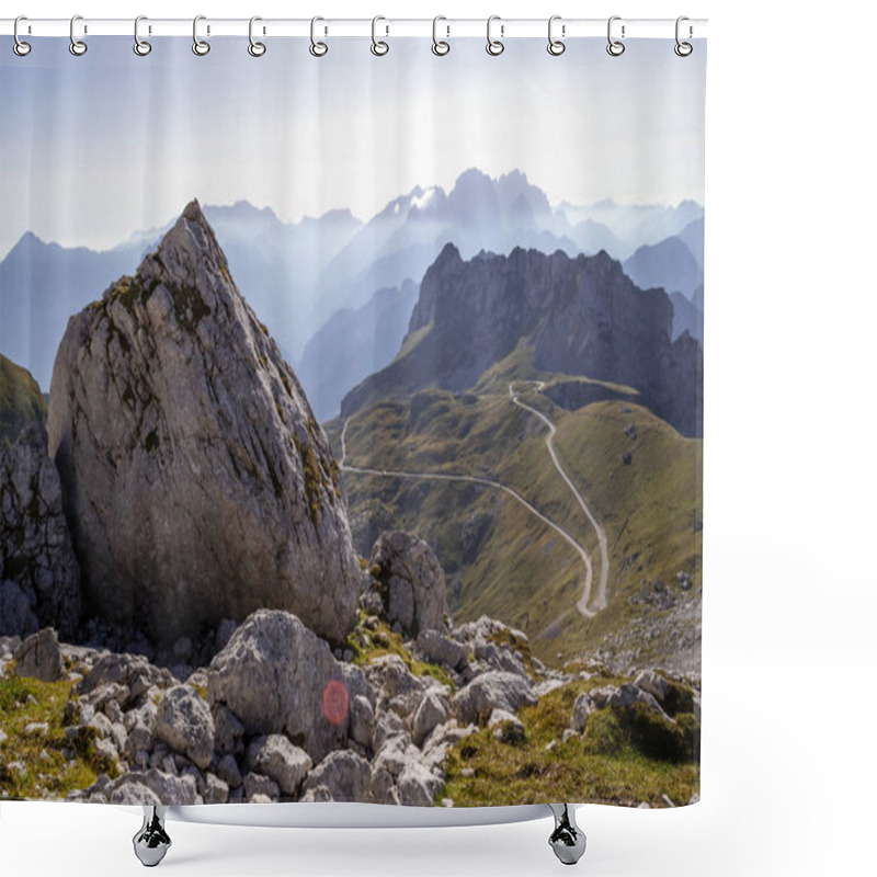 Personality  View Of Mangart Saddle Or Mangart Pass (Mangartsko Sedlo Or Mangrtsko Sedlo), At 2,072 Metres (6,798 Ft) With The Mangart Road (Mangartska Cesta) That Leads To It, On A Bright, Summer Afternoon Shower Curtains