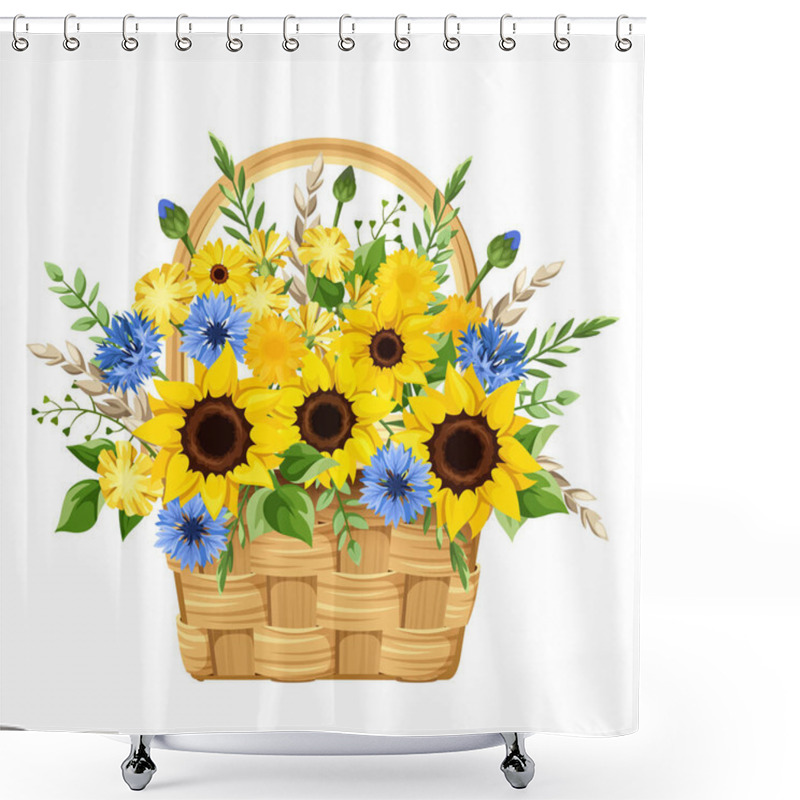 Personality  Basket With Blue And Yellow Sunflowers, Dandelion Flowers, Gerbera Flowers, Cornflowers, And Green Leaves Isolated On A White Background. Vector Illustration Shower Curtains