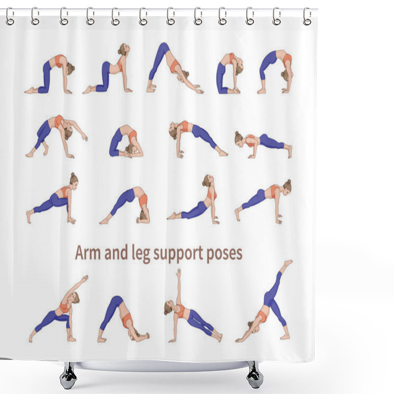 Personality  Women Silhouettes. Collection Of Yoga Poses. Asana Set. Vector Illustration. Arm And Leg Support Poses Shower Curtains