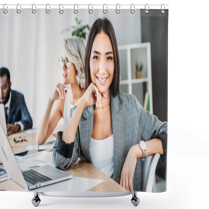 Personality  Smiling Attractive Asian Businesswoman Looking At Camera In Office Shower Curtains