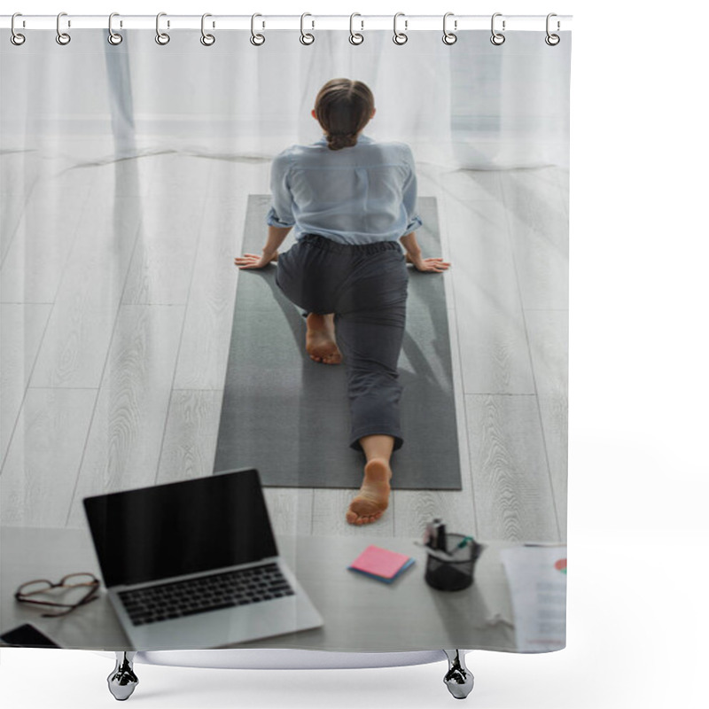 Personality  Back View Of Businesswoman Practicing Yoga And Stretching Legs On Mat In Office  Shower Curtains