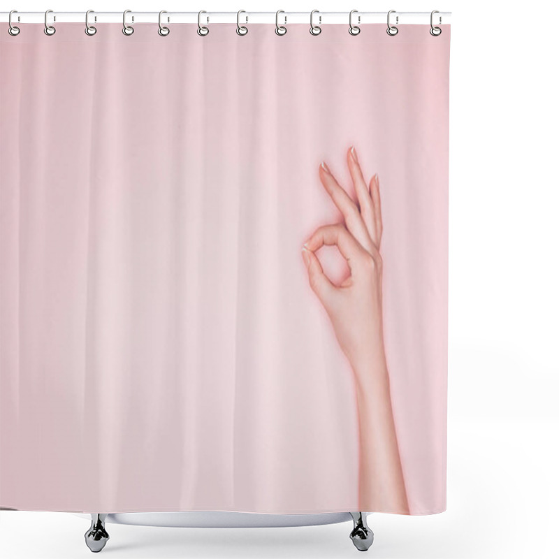 Personality  Cropped Shot Of Woman Showing Okay Sign Isolated On Pink Shower Curtains