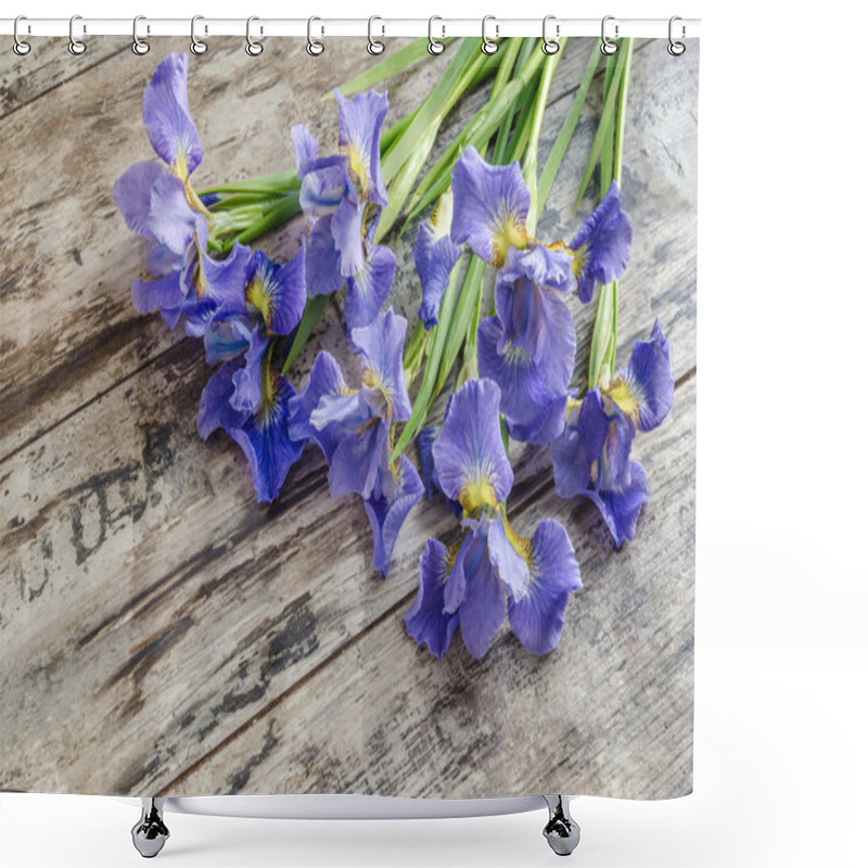 Personality  Bouquet Blueflag Or Iris Flower On Wooden Background Shower Curtains