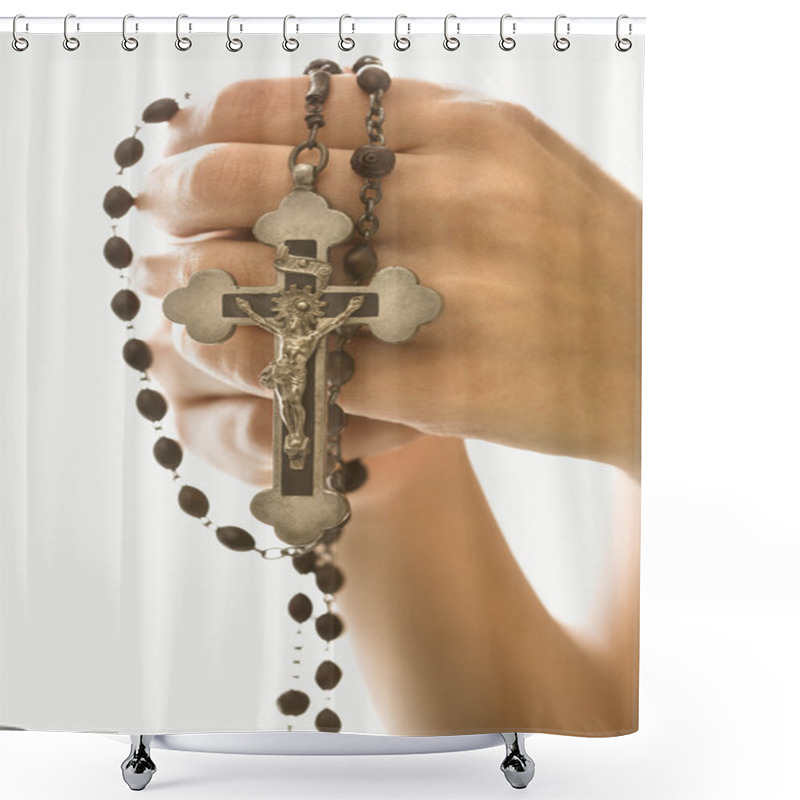 Personality  Woman Holding Crucifix. Shower Curtains