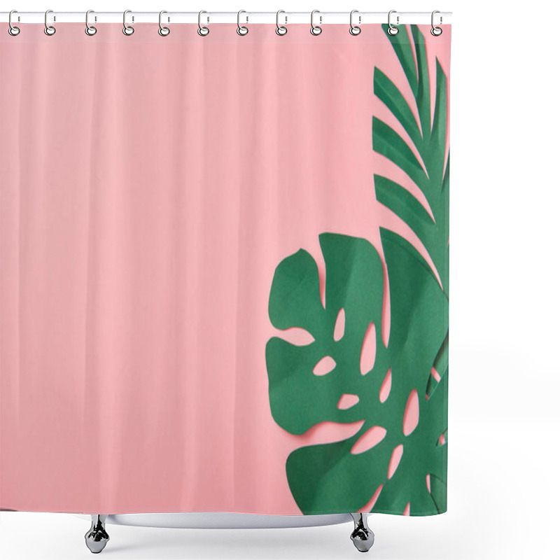 Personality  Top View Of Green Palm Leaves On Pink Background With Copy Space Shower Curtains