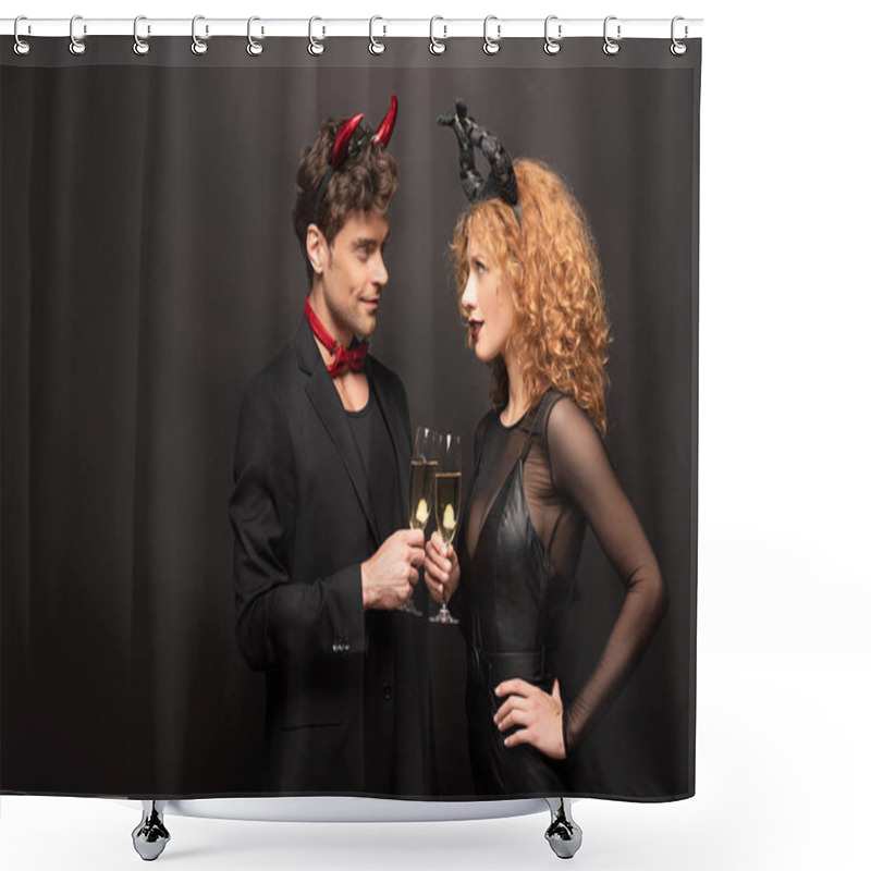 Personality  Beautiful Couple In Halloween Costumes Clinking With Champagne Glasses On Black Shower Curtains