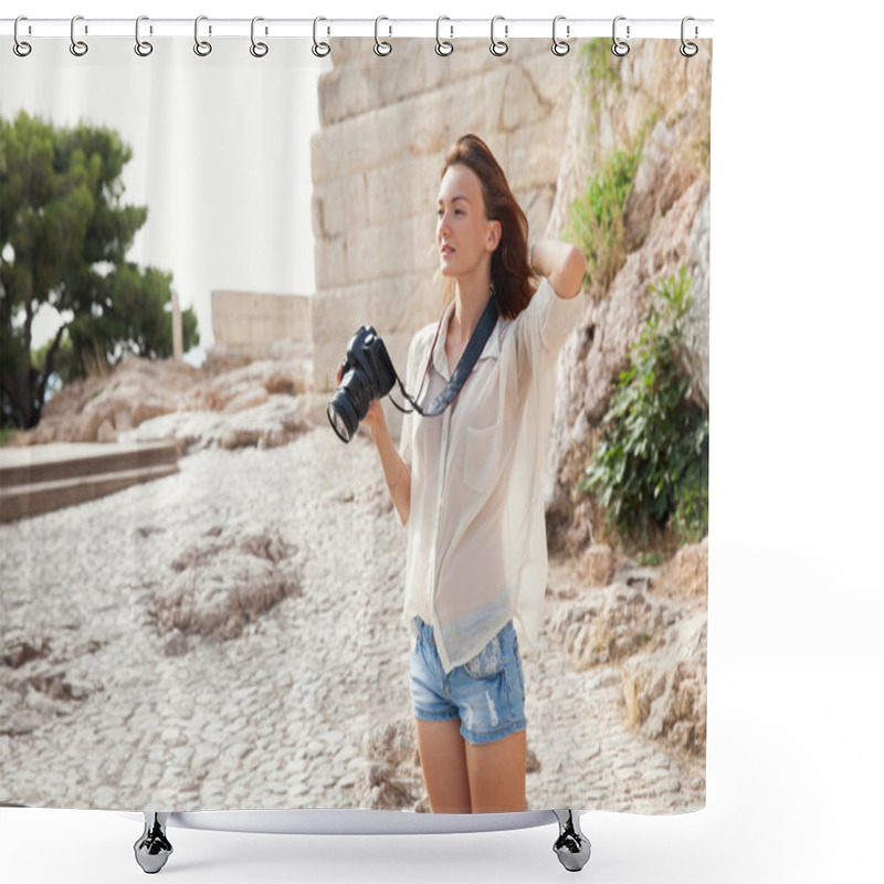 Personality  The Tourist Near The Acropolis Of Athens, Greece Shower Curtains