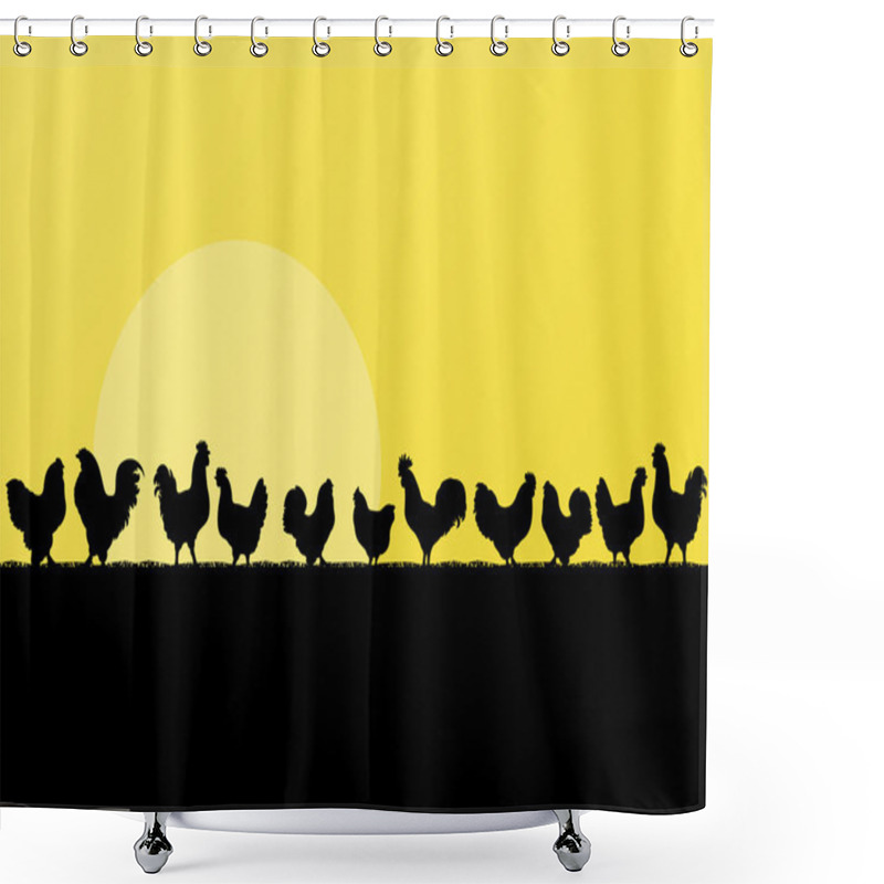 Personality  Farm Chickens And Roosters Silhouettes In Countryside Landscape Shower Curtains